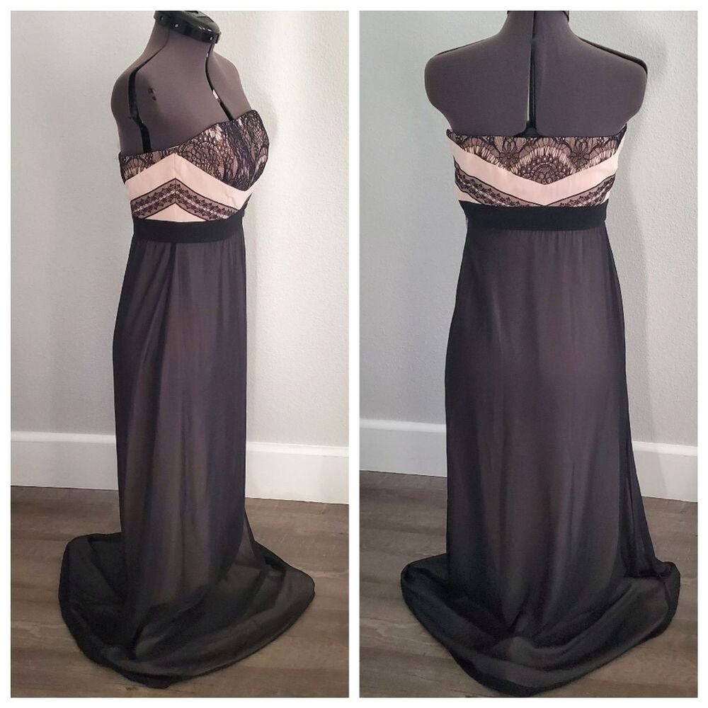 NWT Gianni Bini Women's Size 0 Maxi Dress Black Nude Sheer Lace Strapless Formal